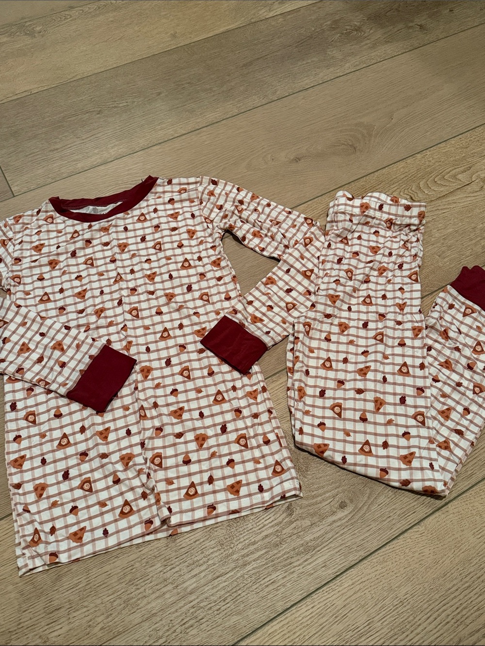 Cream and Burgundy Grid Kids Pajama Set with Autumn Print